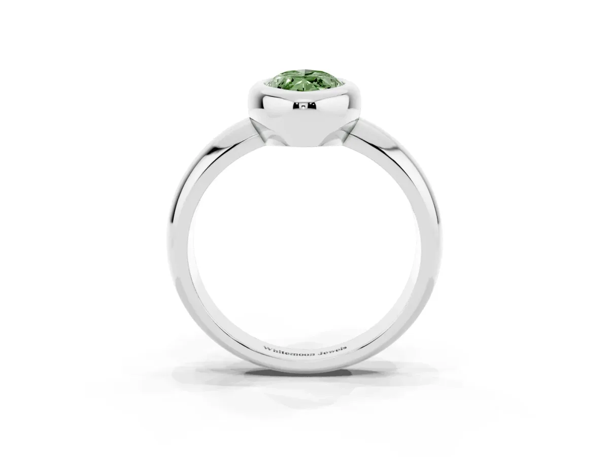 Fancy Green Bezel Set Marquise Cut Solitaire Ring with Wide Band Platinum