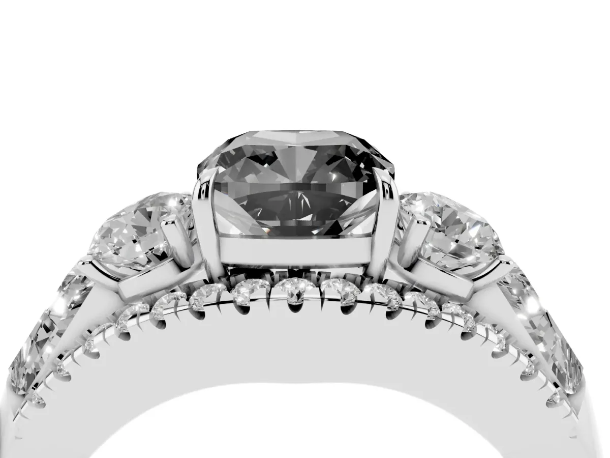 Fancy Black Three-Stone Cushion Cut Diamond Engagement Ring with Pave Band and Prong Setting Silver