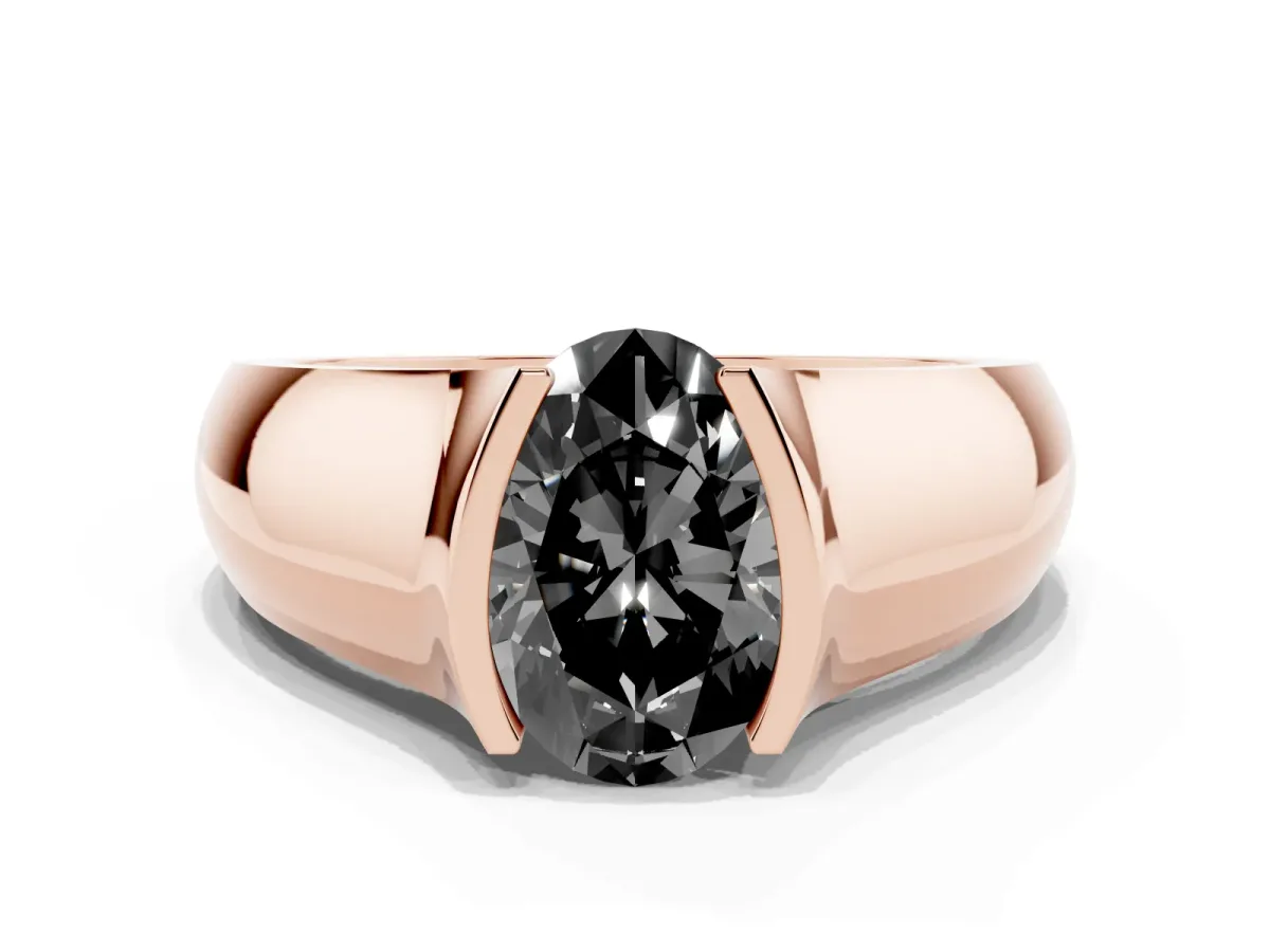 Fancy Black Oval Cut Solitaire Bezel Set Diamond Ring with Wide Band Rose gold