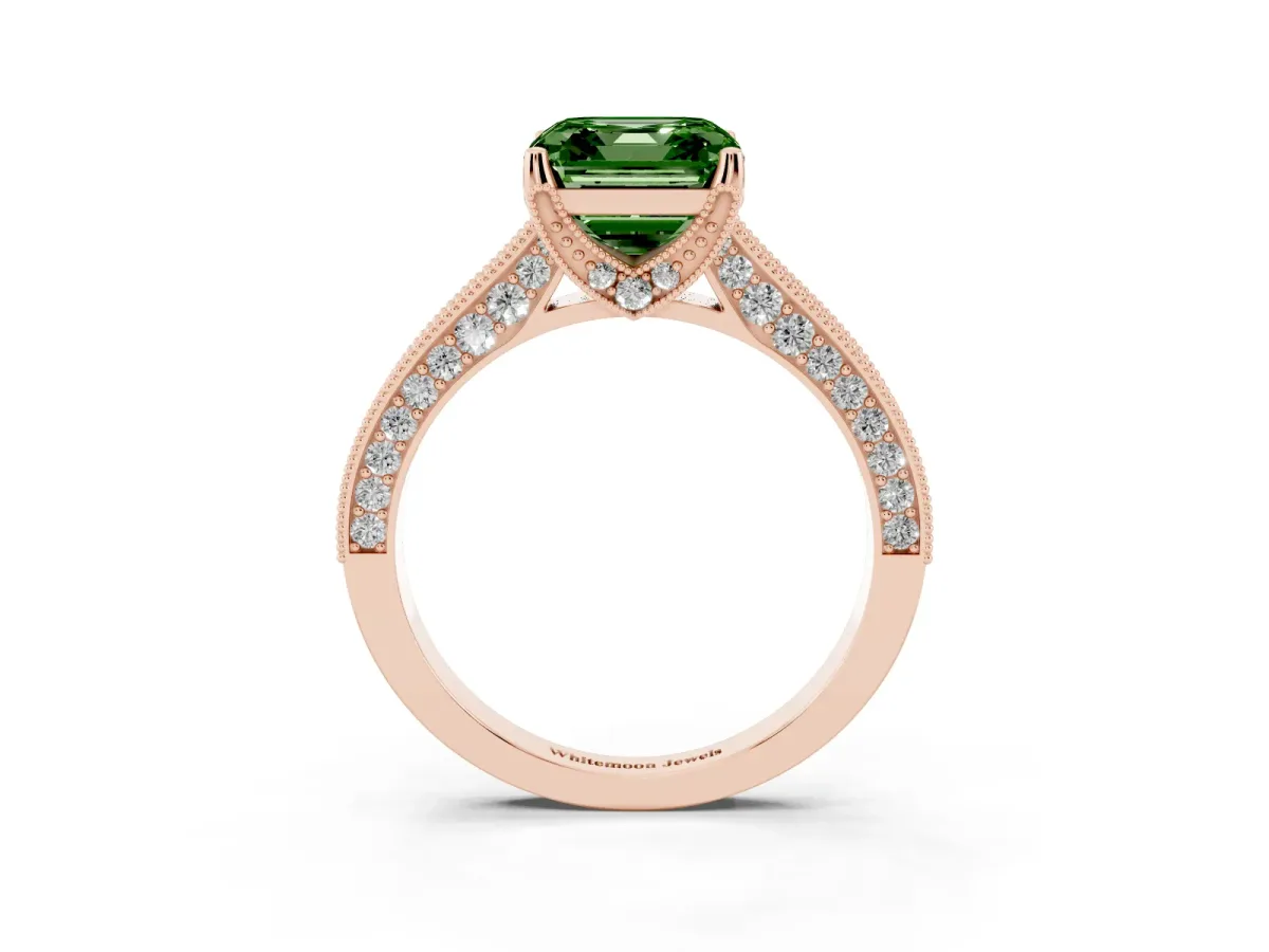 Fancy Green Asscher Cut Cut Diamond Solitaire Ring with Milgrain Pave Band and Four Prong Setting Rose gold