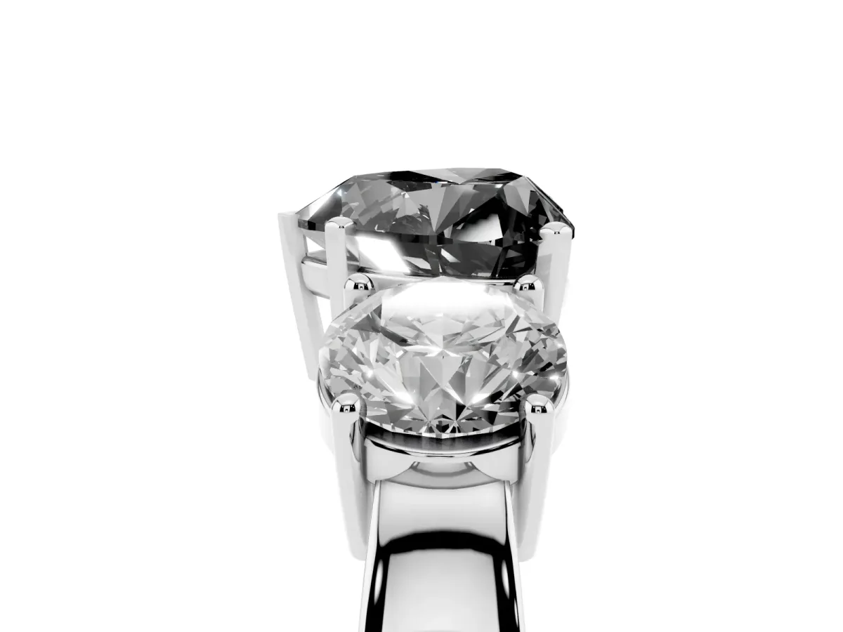 Fancy Black Three-Stone Heart Cut Diamond Ring with Round Side Stones, Classic Band, and Four-Prong Setting White gold