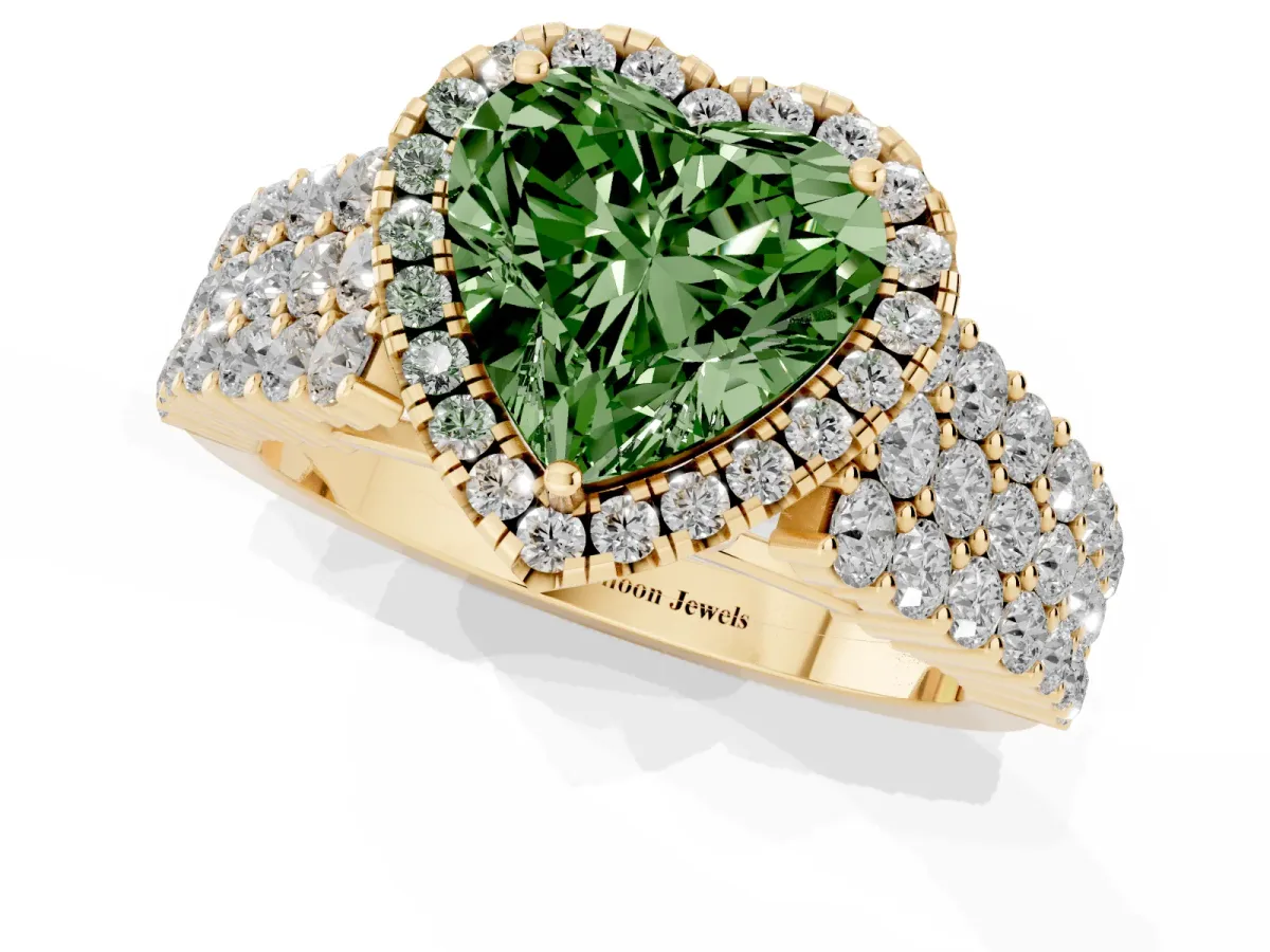 Fancy Green Heart Cut Diamond Halo Engagement Ring with Triple Row Round Pavé Band and Prong Setting Yellow gold