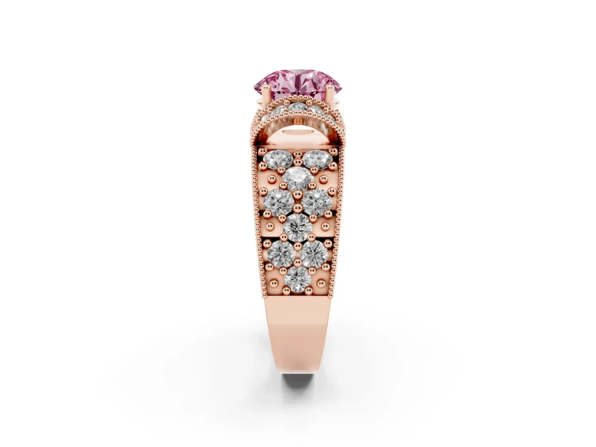 Fancy Pink Round Cut Halo Pave Diamond Engagement Ring with Milgrain Detailing Rose gold