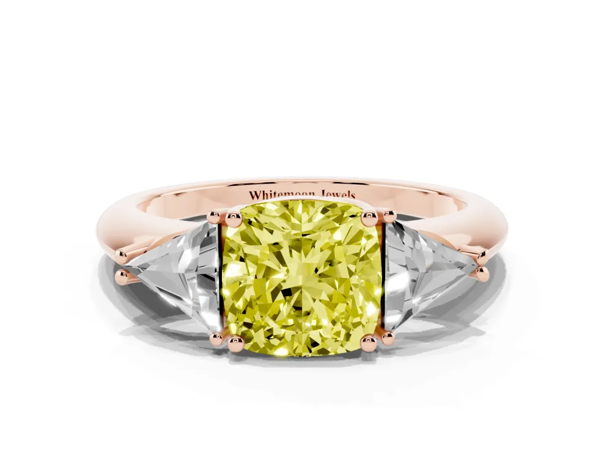 Fancy Yellow Three-Stone Cushion Cut Diamond Engagement Ring with Trillion Side Stones and Prong Setting Rose gold