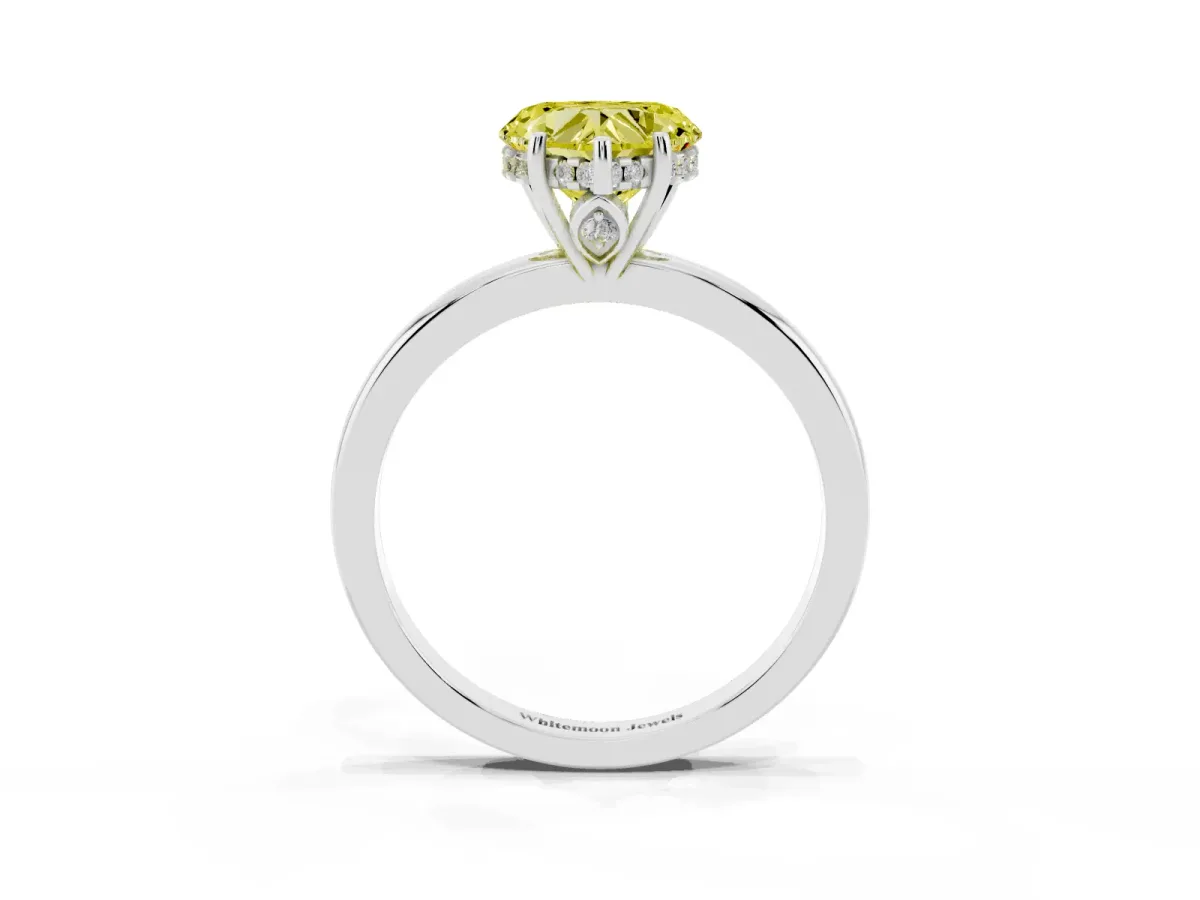 Fancy Yellow Heart Cut Solitaire Diamond Ring with Prong Setting and Plain Band Platinum