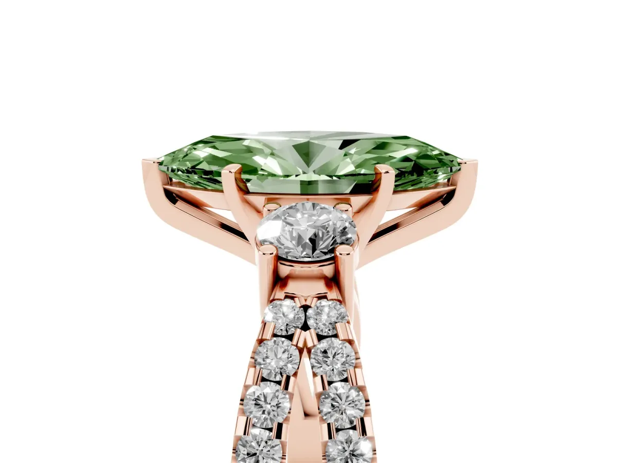 Fancy Green Marquise Cut Diamond Three-Stone Ring with Pavé Split Shank and Four-Prong Setting Rose gold