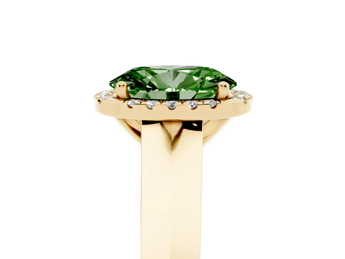 Fancy Green Oval Cut Halo Diamond Ring with Cathedral Band and Four-Prong Setting Yellow gold