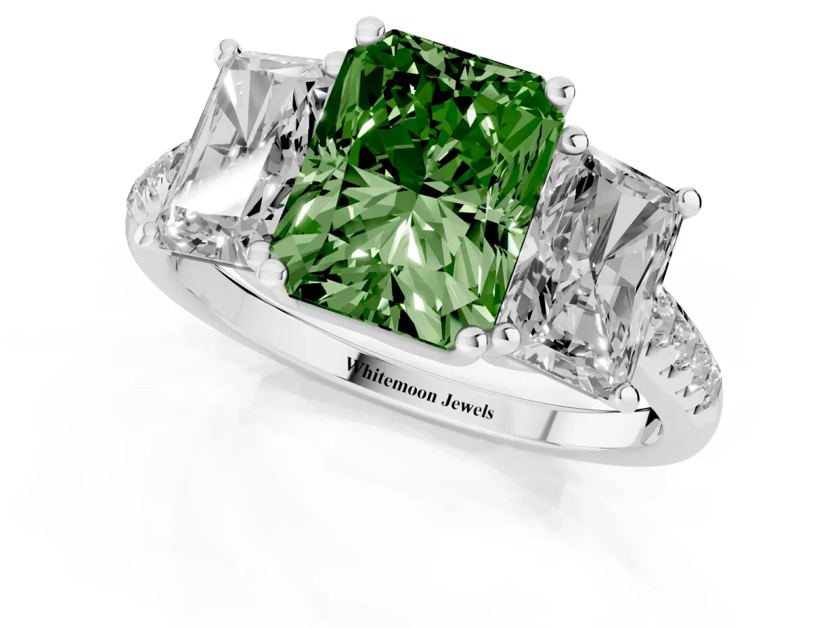 Fancy Green Three-Stone Radiant Cut Diamond Ring with Round Pavé Band and Prong Setting Platinum