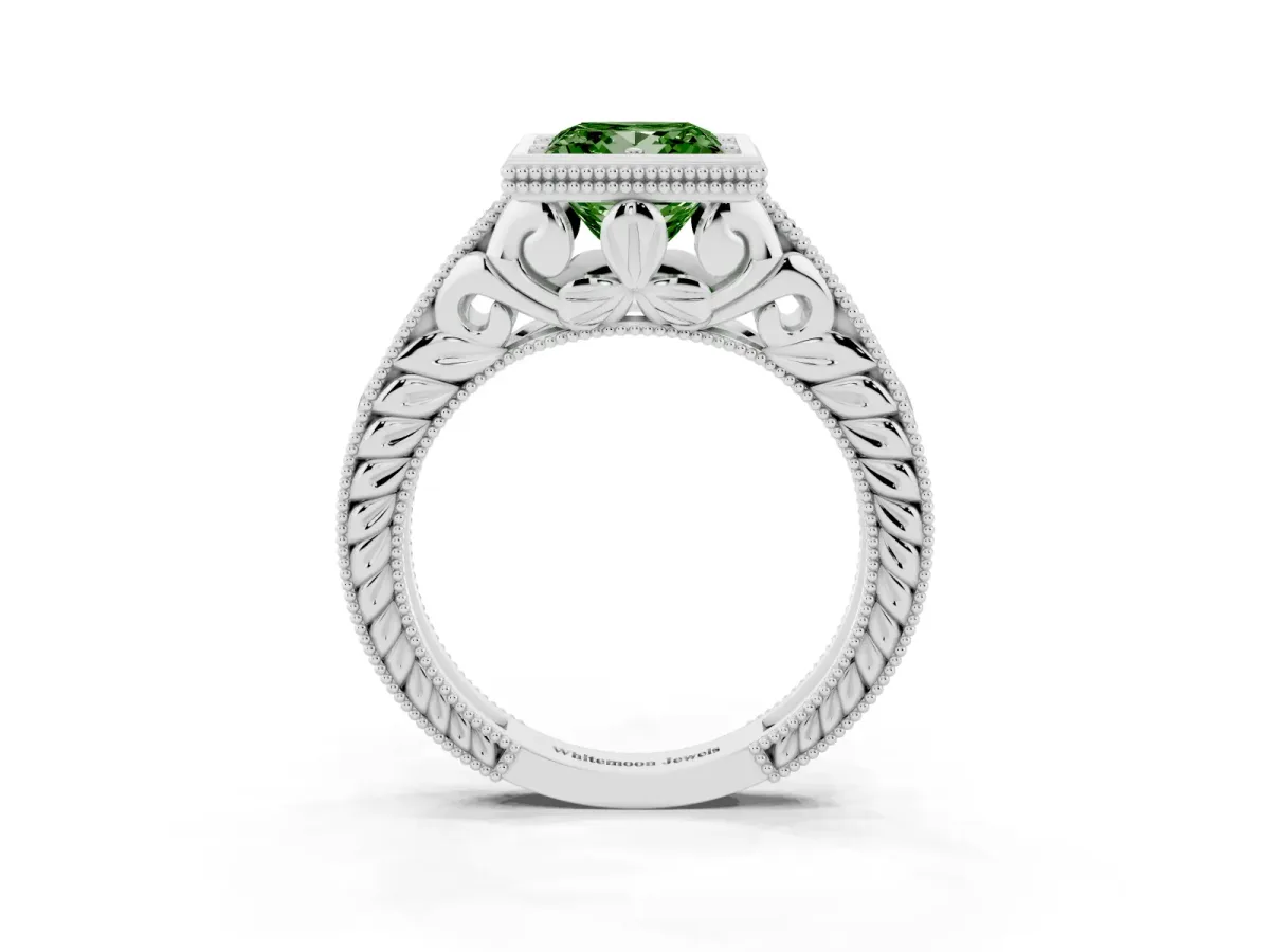 Fancy Green Bezel Set Princess Cut Diamond Milgrain Pave Engagement Ring Silver