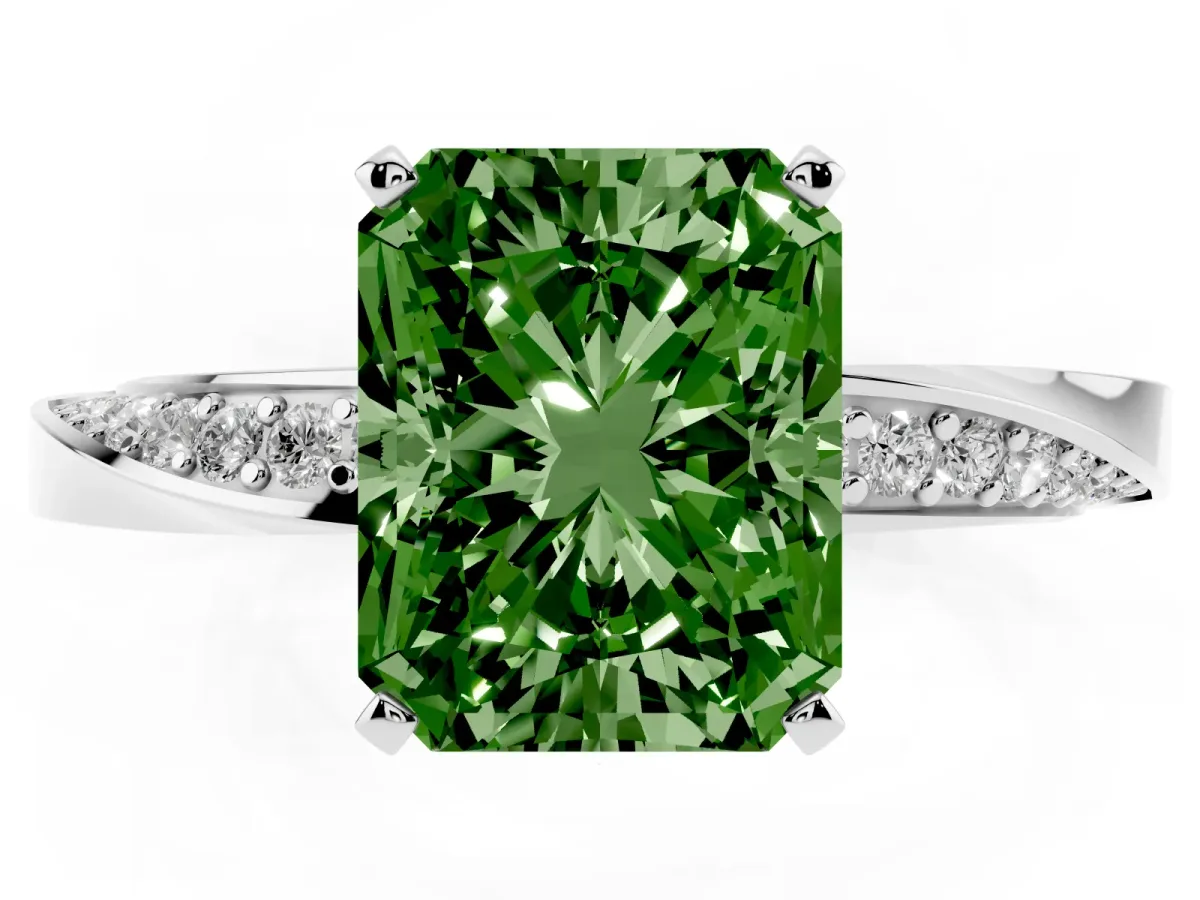Fancy Green Radiant Cut Diamond Engagement Ring with Side Stone Accents and Four-Prong Setting Platinum