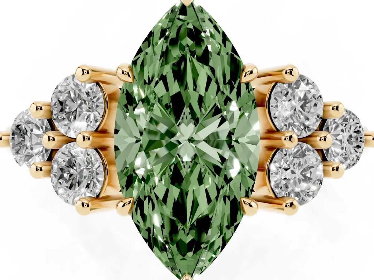 Fancy Green Marquise Cut Brilliant Diamond Cluster Accent Solitaire Ring with Prong Setting Yellow gold