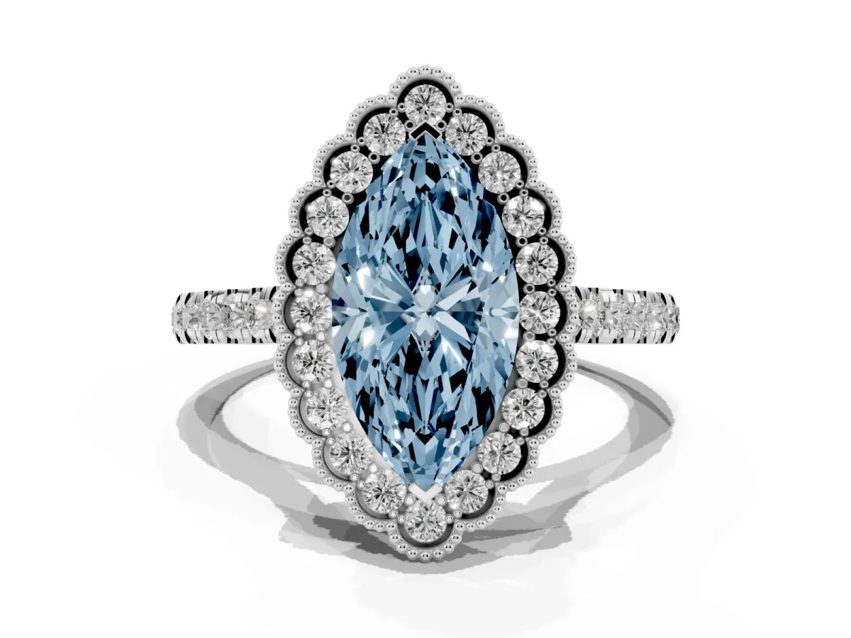 Fancy Blue Marquise Cut Cut Diamond Milgrain Floral Halo Engagement Ring with Pavé Band White gold