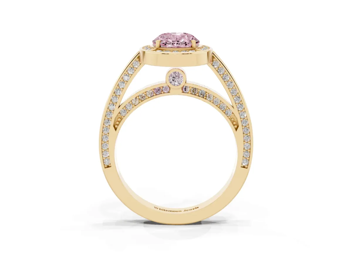 Fancy Pink Oval Cut Cut Halo Pave Split Shank Prong Setting Ring Yellow gold