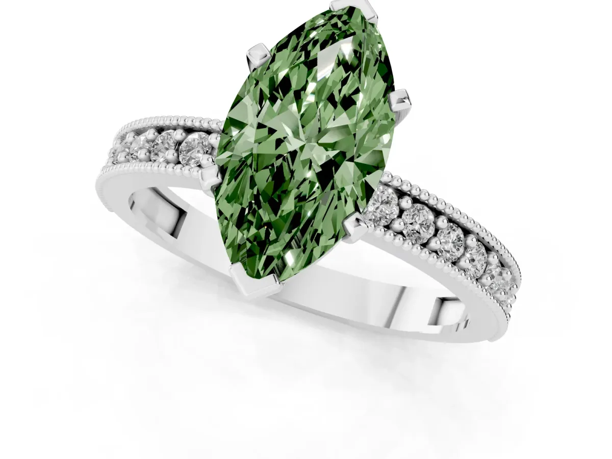 Fancy Green Marquise Cut Diamond Milgrain Pavé Engagement Ring with Four-Prong Setting Platinum
