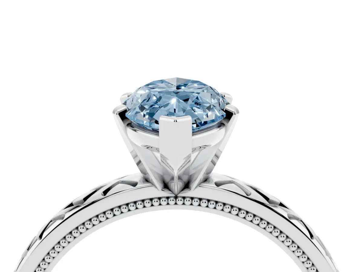 Fancy Blue Marquise Cut Solitaire Diamond Ring with Milgrain and Black Enamel X Pattern Band Platinum