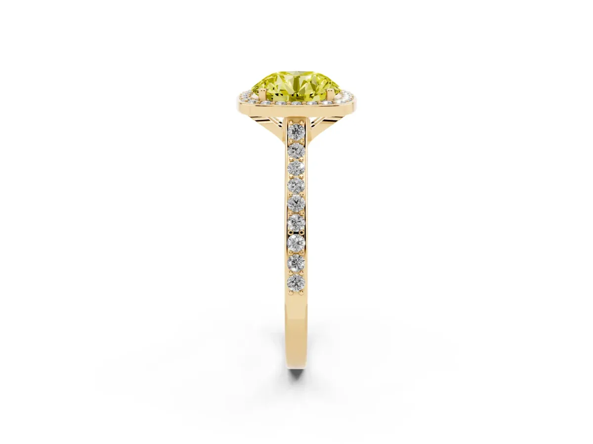 Fancy Yellow Round Cut Diamond Halo Engagement Ring with Round Pavé Shoulders and Prong Setting Yellow gold