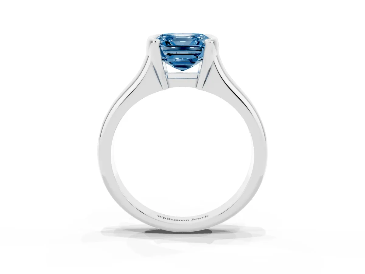Fancy Blue Asscher Cut Solitaire Tension Set Diamond Ring with Split Shank Band Silver
