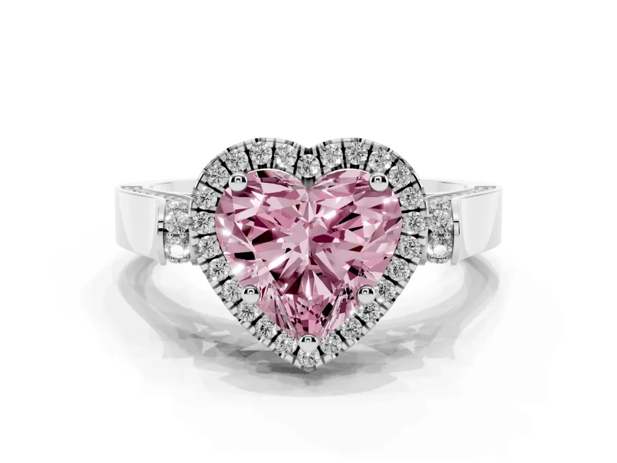 Fancy Pink Heart Cut Halo Round Diamond Twist Band with Four-Prong Setting Platinum