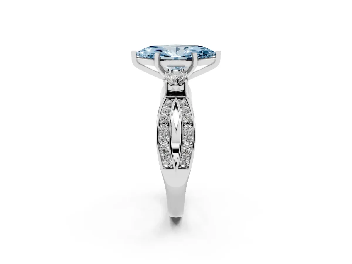 Fancy Blue Three-Stone Marquise Cut Cut Diamond Twist Band with Prong Setting Silver
