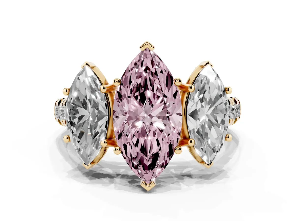 Fancy Pink Three-Stone Marquise Cut Diamond Pavé Band with Prong Setting Yellow gold