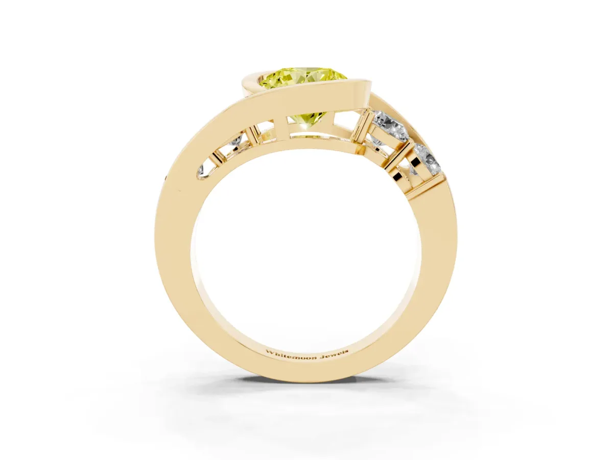 Fancy Yellow Bezel Set Round Cut Diamond Bypass Ring with Round Accents Yellow gold