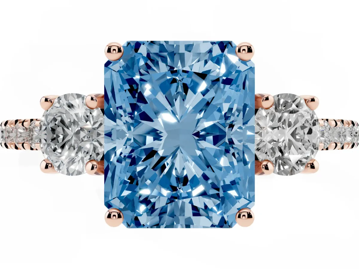 Fancy Blue Three-Stone Radiant Cut Cut Diamond Pavé Band with Prong Setting Rose gold