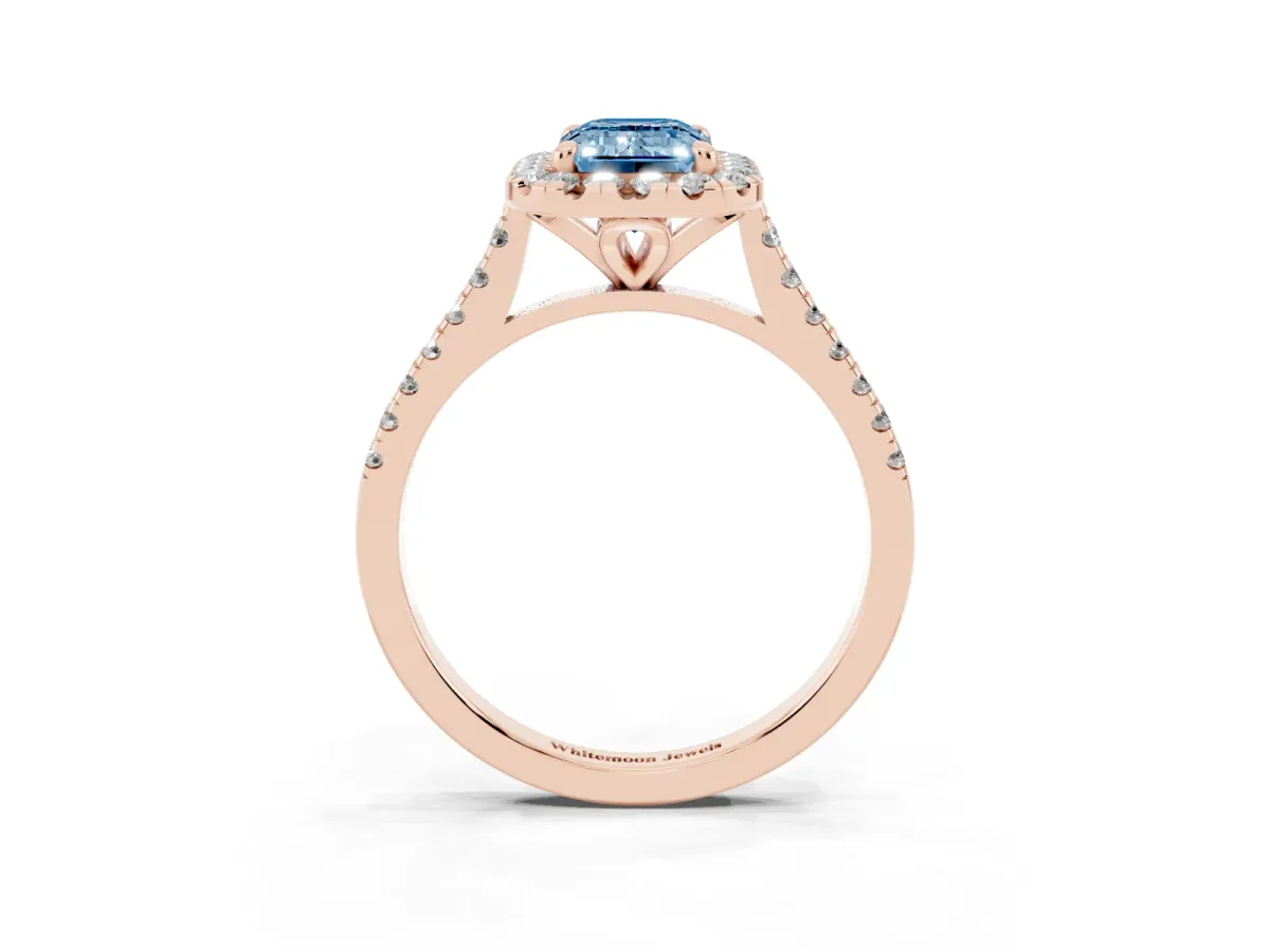 Fancy Blue Emerald Cut Diamond Cushion Halo Ring with Pavé Band Rose gold