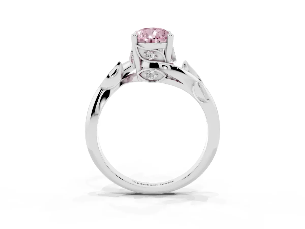 Fancy Pink Pear Cut Solitaire Twist Engagement Ring with Leaf Accents and Prong Setting Silver