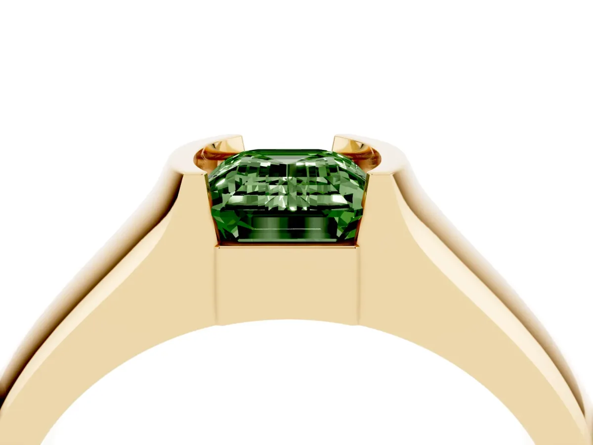 Fancy Green Emerald Cut Solitaire Bezel Set Diamond Ring with Wide Band Yellow gold