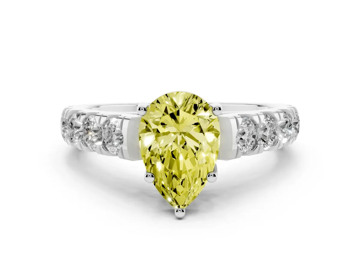 Fancy Yellow Pear Cut Cut Diamond Solitaire Ring with Micro Pave Band and Prong Setting Silver