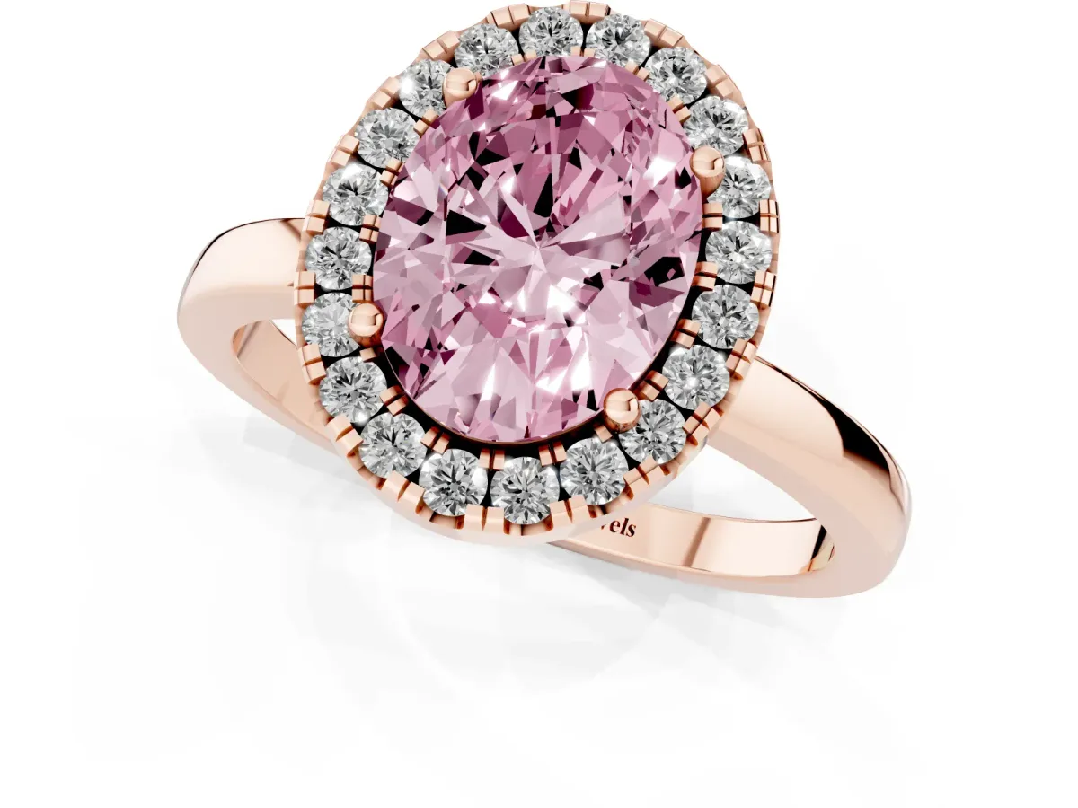 Fancy Pink Oval Cut Halo Diamond Solitaire with Pavé Band and Four-Prong Setting Rose gold