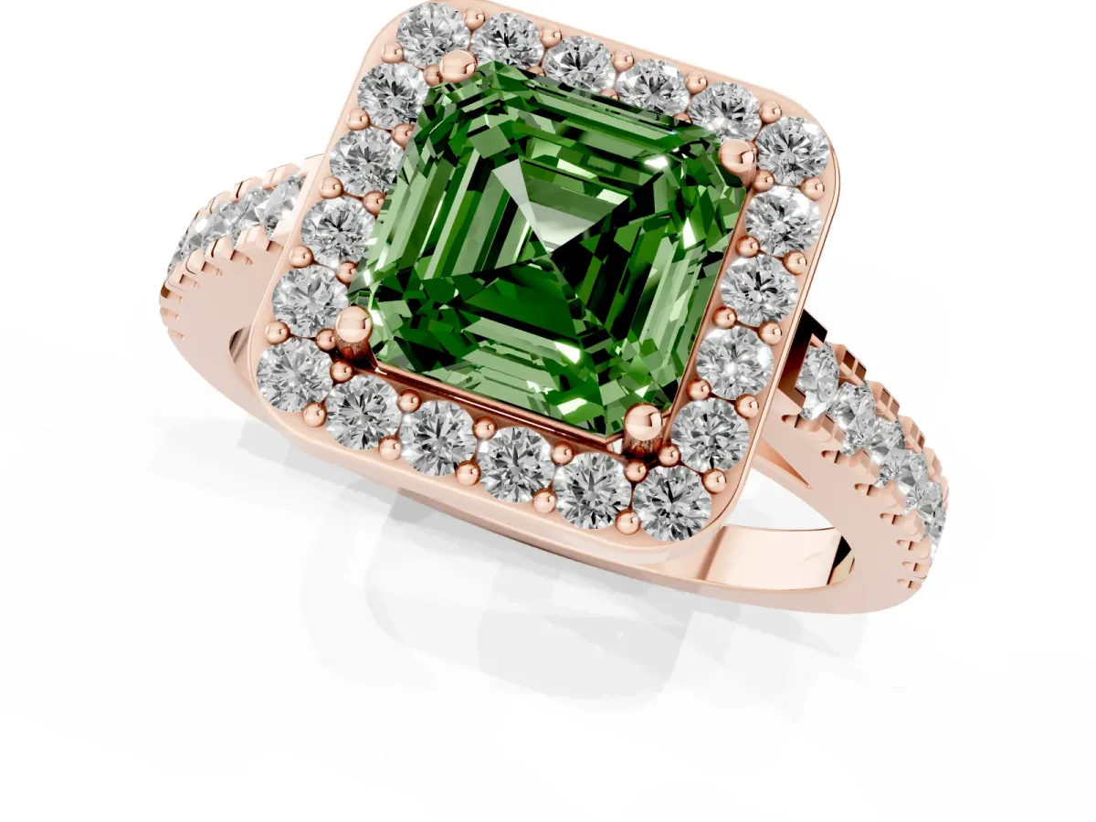 Fancy Green Asscher Cut Diamond Halo Ring with Round Pavé Split Shank and Prong Setting Rose gold