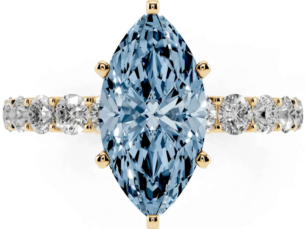 Fancy Blue Marquise Cut Diamond Solitaire Ring with Shared Prong Pavé Band and Four-Prong Setting Yellow gold