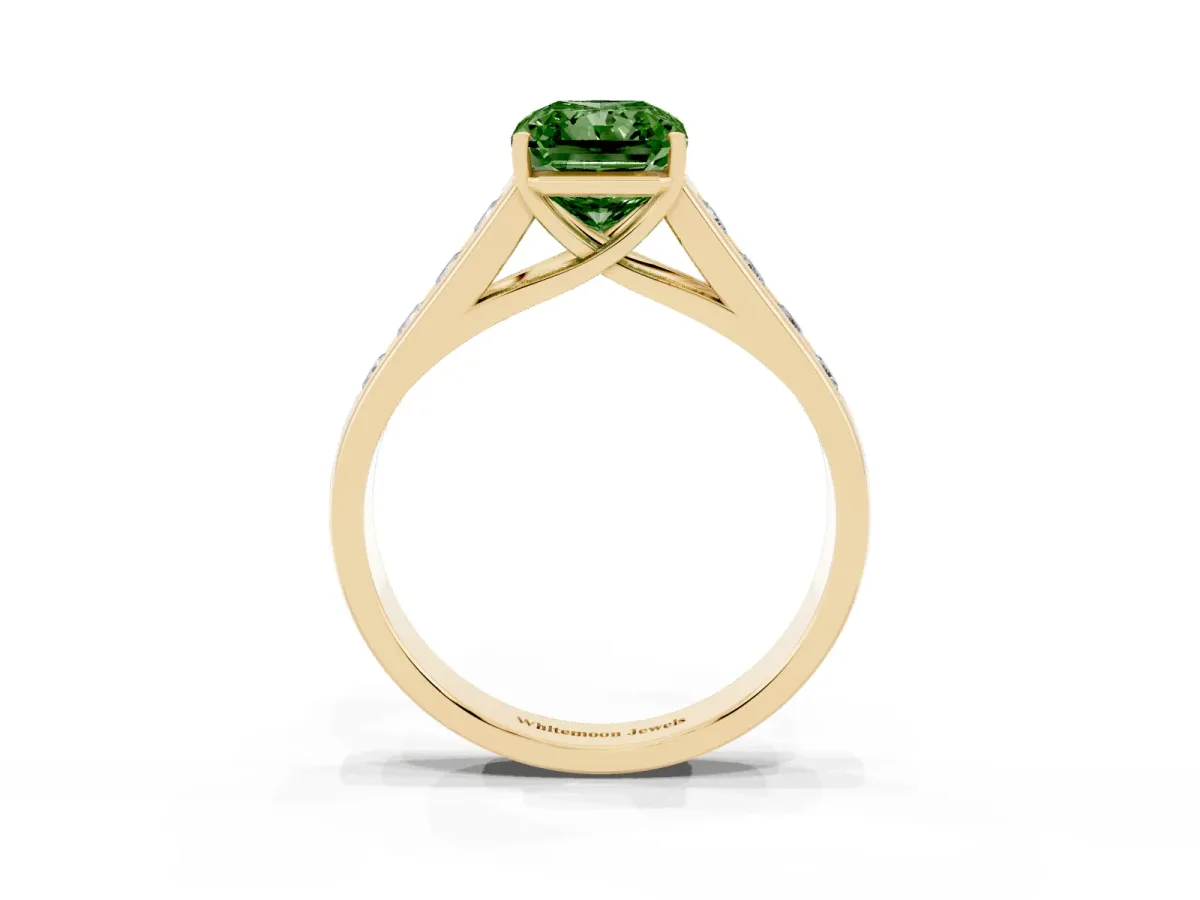 Fancy Green Radiant Cut Solitaire Channel-Set Diamond Engagement Ring with Four-Prong Setting Yellow gold