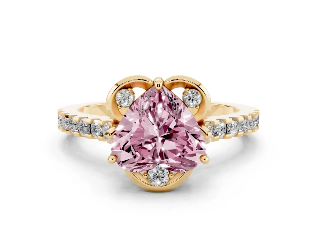 Fancy Pink Heart Cut Diamond Ring with Pavé Band and Floral Prong Setting Yellow gold
