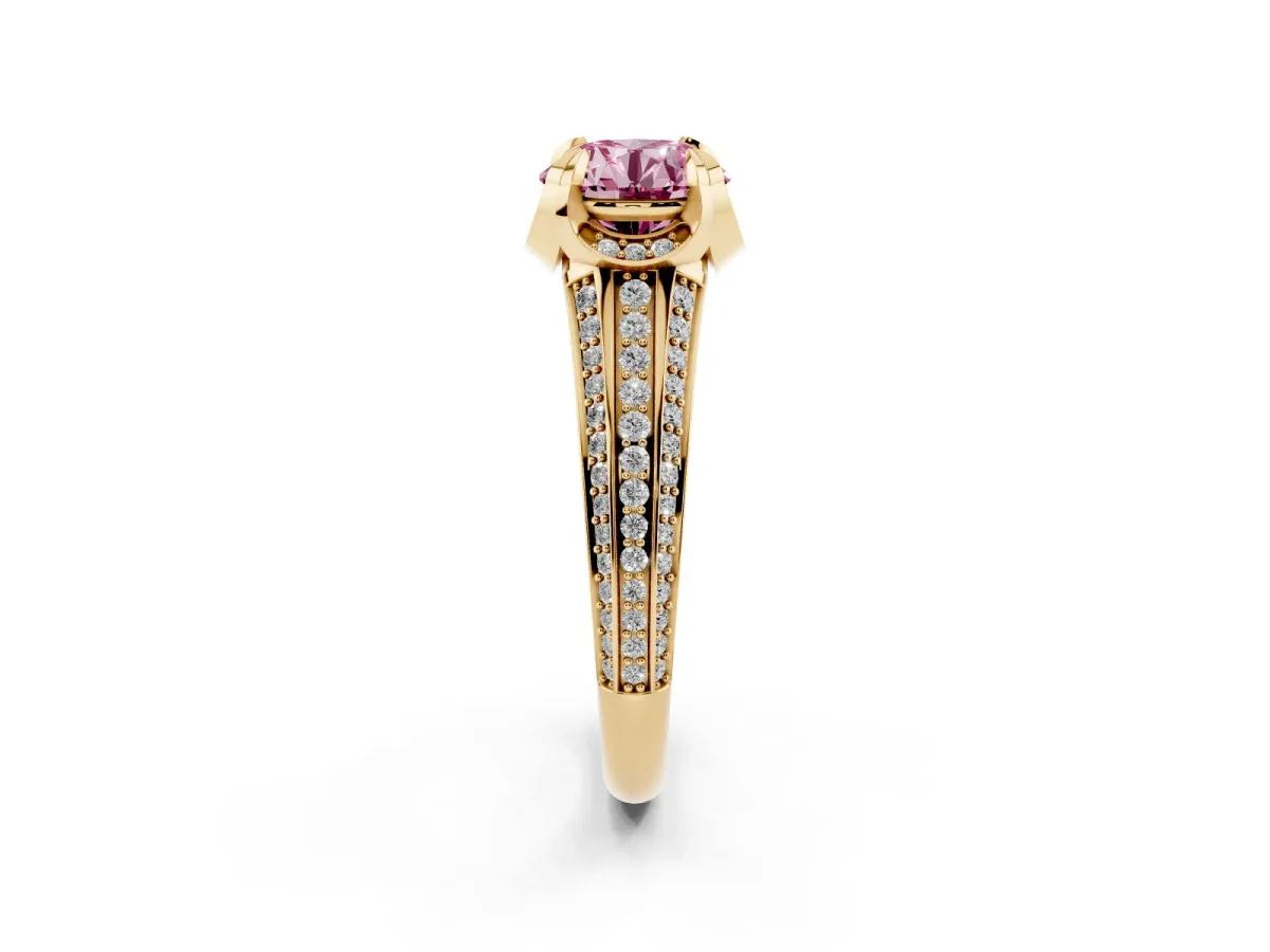 Fancy Pink Round Cut Solitaire Pave Split Shank Ring with Four-Prong Setting Yellow gold