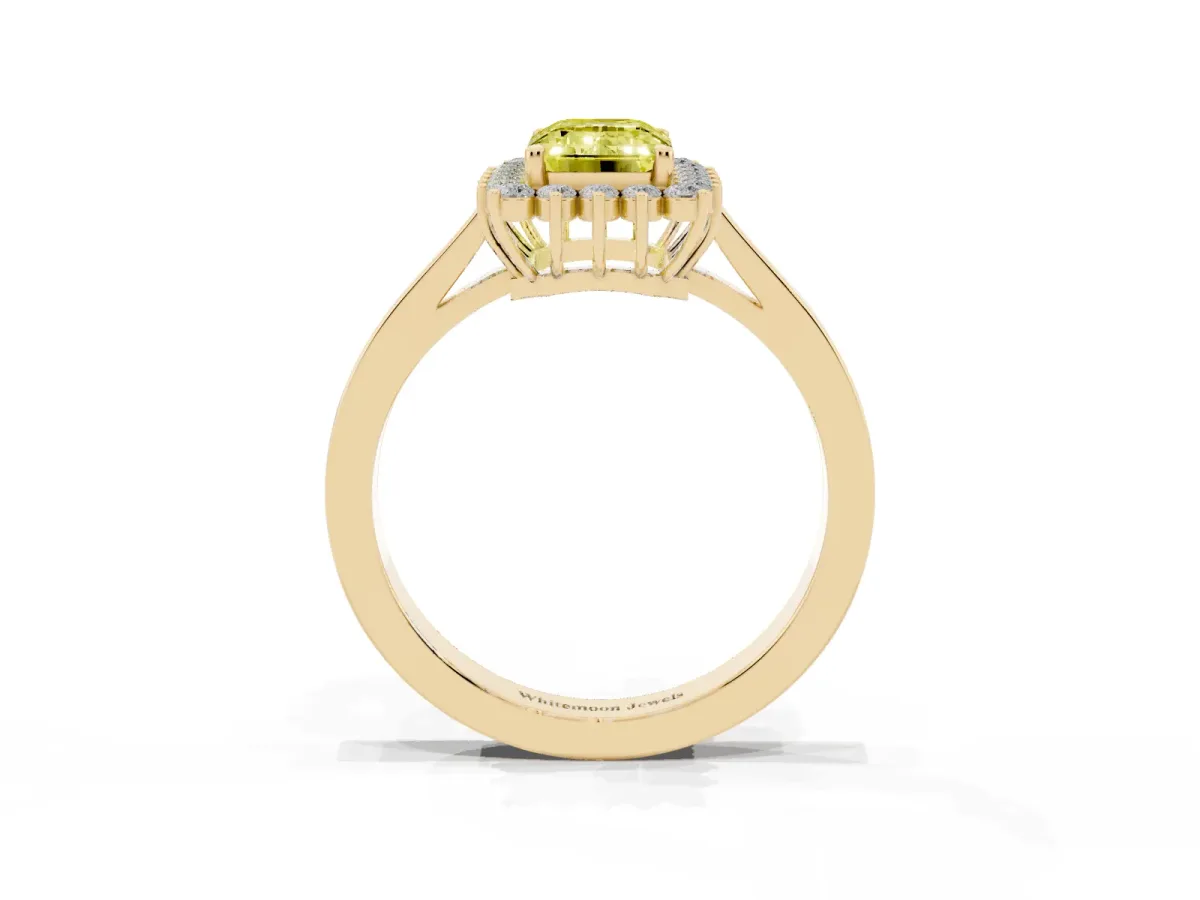 Fancy Yellow Emerald Cut Cut Diamond Halo Ring with Round Brilliant Halo and Solitaire Band Yellow gold