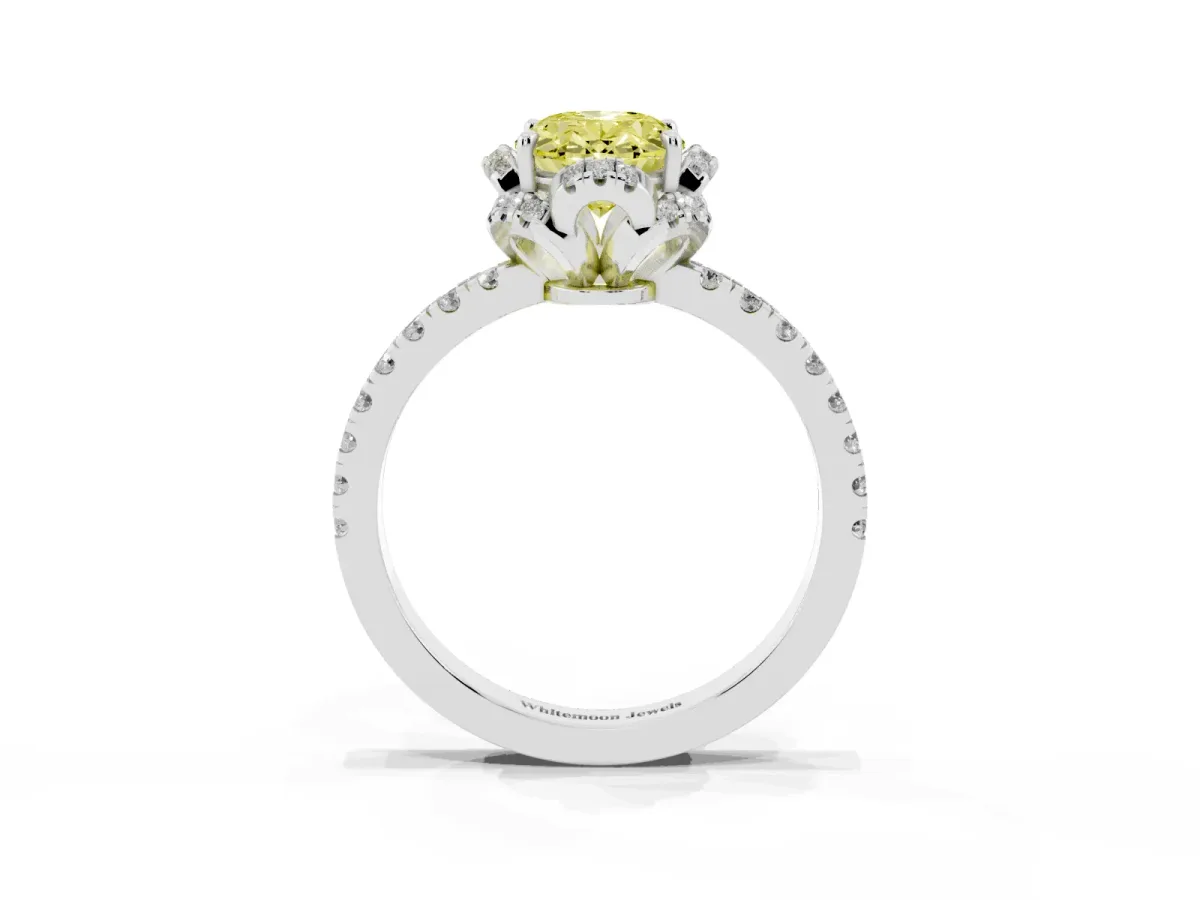 Fancy Yellow Oval Cut Halo Diamond Pave Band Ring with Four-Prong Setting Silver