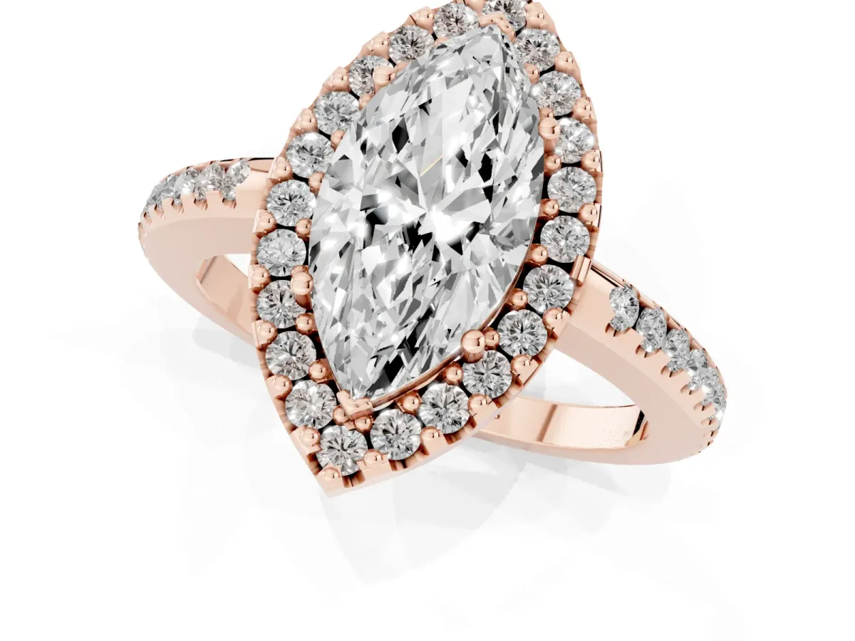 Marquise Cut Diamond Pavé Halo Ring with Four-Prong Setting Rose gold
