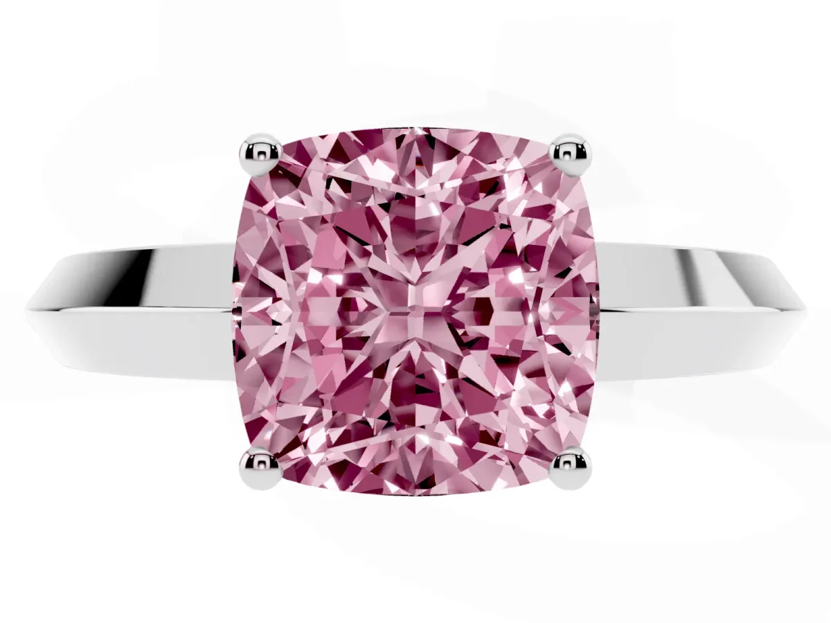 Fancy Pink Cushion Cut Cut Solitaire Engagement Ring with Flat Band and Four-Prong Setting Silver