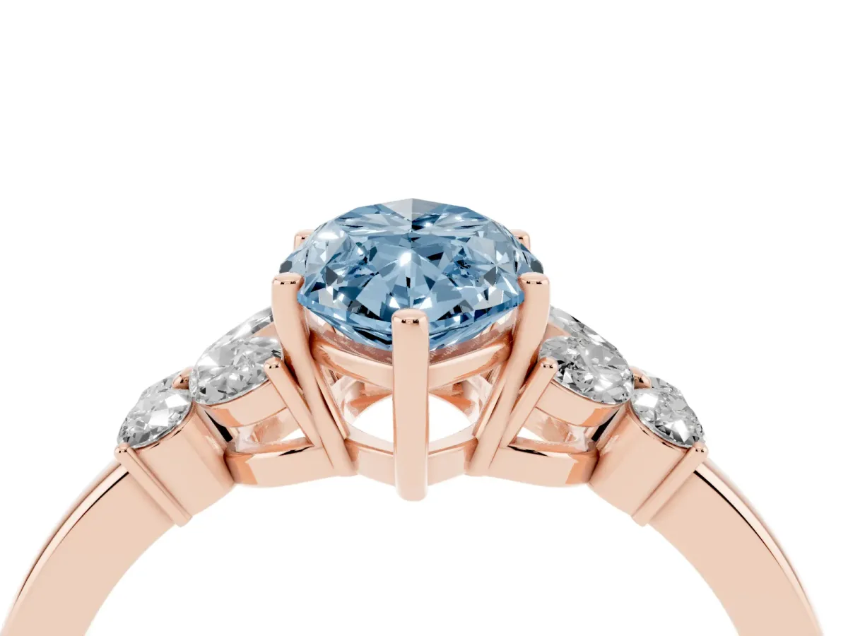 Fancy Blue Marquise Cut Cut Solitaire Floral Diamond Ring with Four-Prong Setting Rose gold