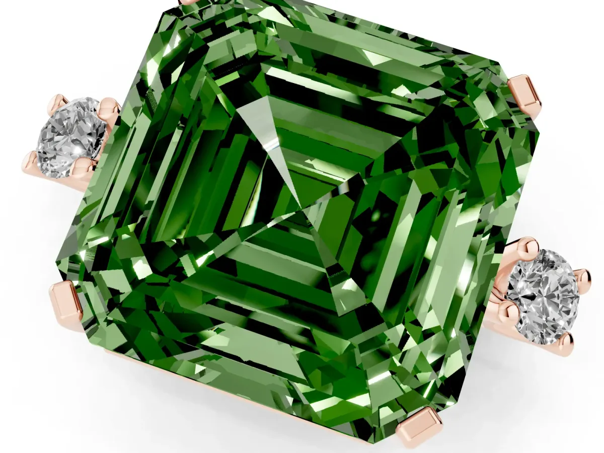 Fancy Green Asscher Cut Cut Three-Stone Solitaire Ring with Round Accent Diamonds and Four-Prong Setting Rose gold