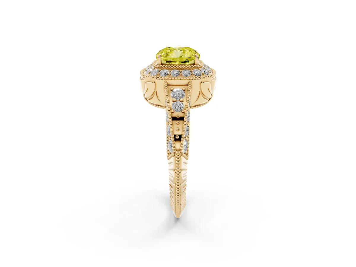 Fancy Yellow Cushion Cut Halo Diamond Split Shank Ring with Milgrain Detail Yellow gold