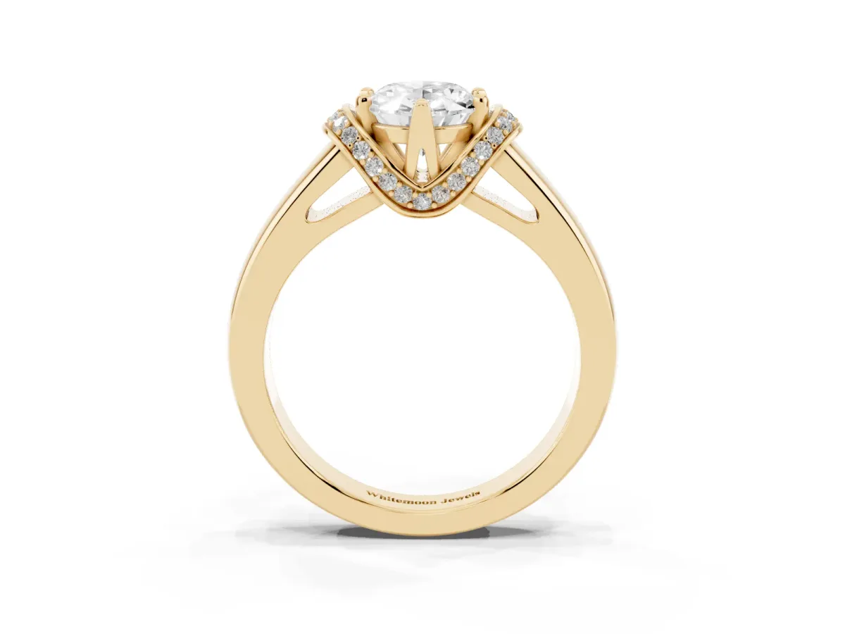Oval Cut Solitaire Diamond Ring with Pave Band and Six-Prong Setting Yellow gold