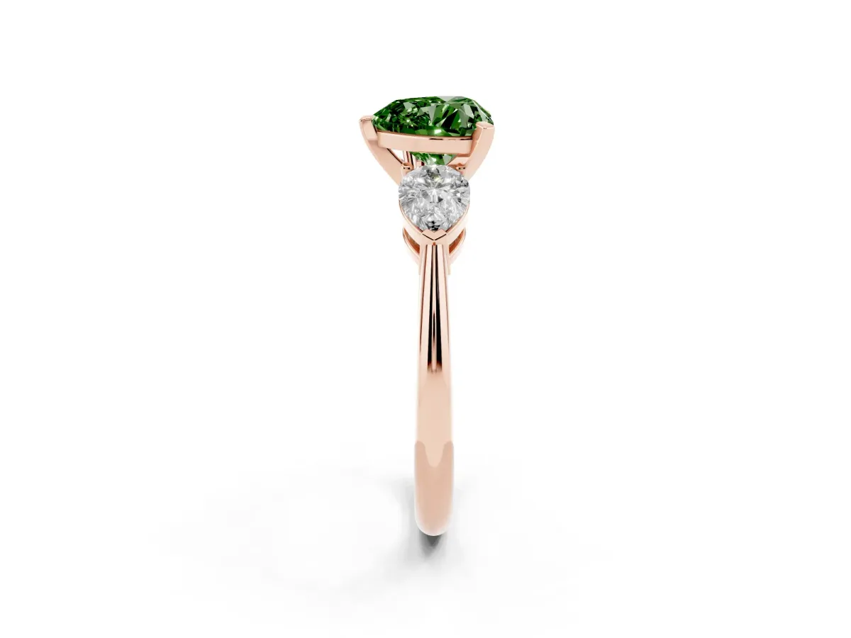 Fancy Green Three-Stone Heart Cut Diamond Ring with Pear Side Stones and Four-Prong Setting Rose gold
