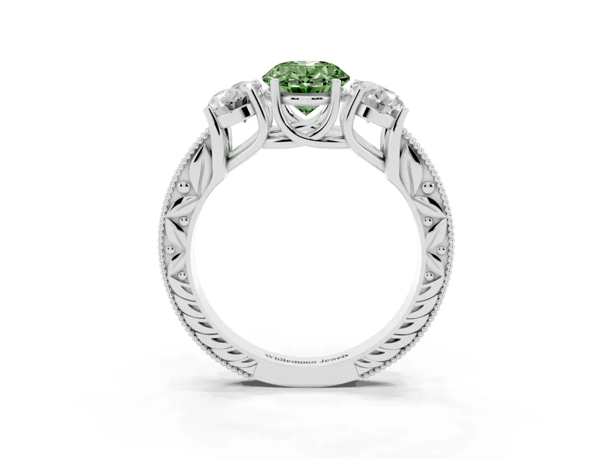 Fancy Green Three-Stone Oval Cut Cut Milgrain Pavé Engagement Ring Silver