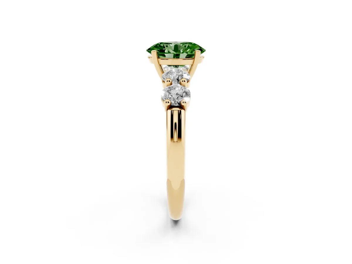 Fancy Green Oval Cut Cut Five-Stone Prong Set Diamond Ring with Classic Band Yellow gold