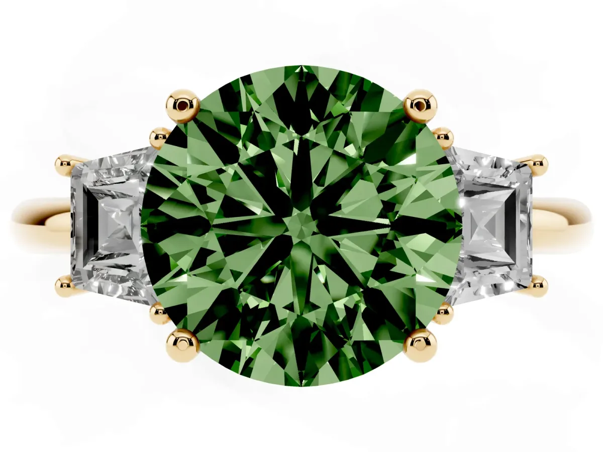 Fancy Green Round Cut Diamond Three-Stone Ring with Trapezoid Side Stones and Prong Setting Yellow gold
