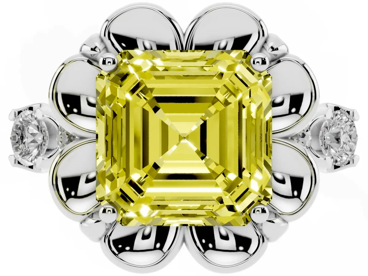 Fancy Yellow Asscher Cut Cut Diamond Floral Halo Engagement Ring with Shared Prong Setting Silver