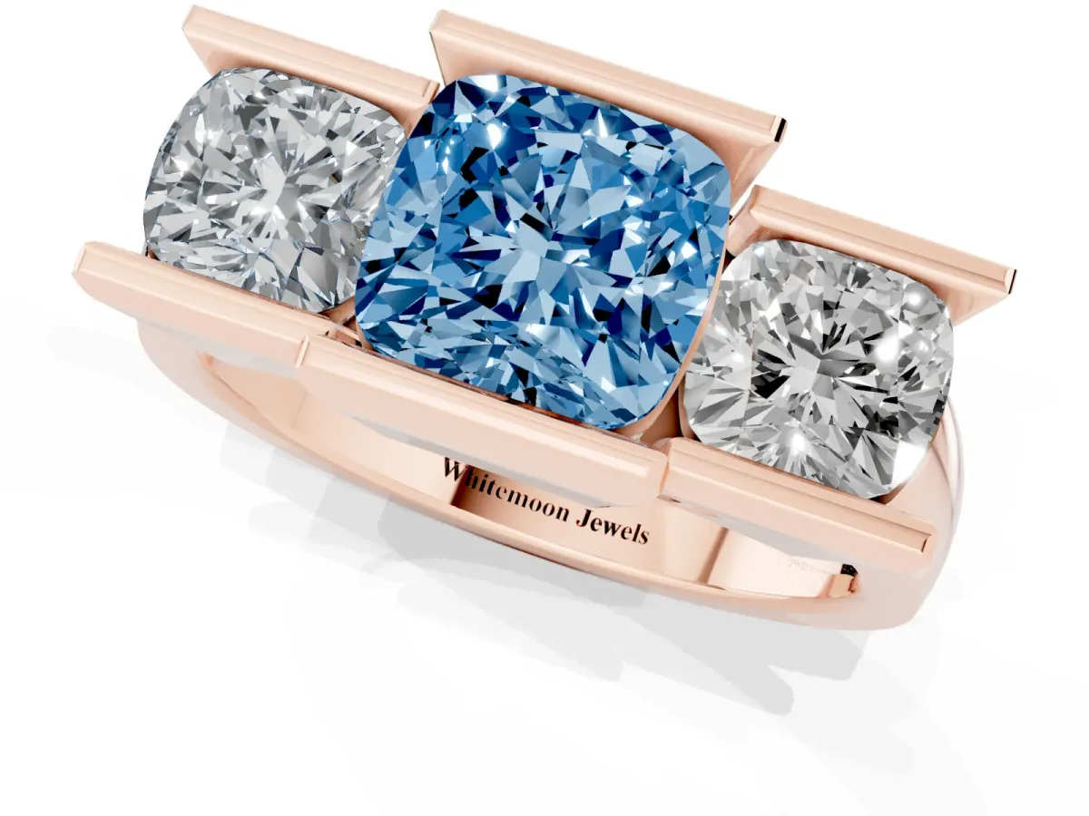 Fancy Blue Three Stone Cushion Cut Cut Channel Set Diamond Ring Rose gold